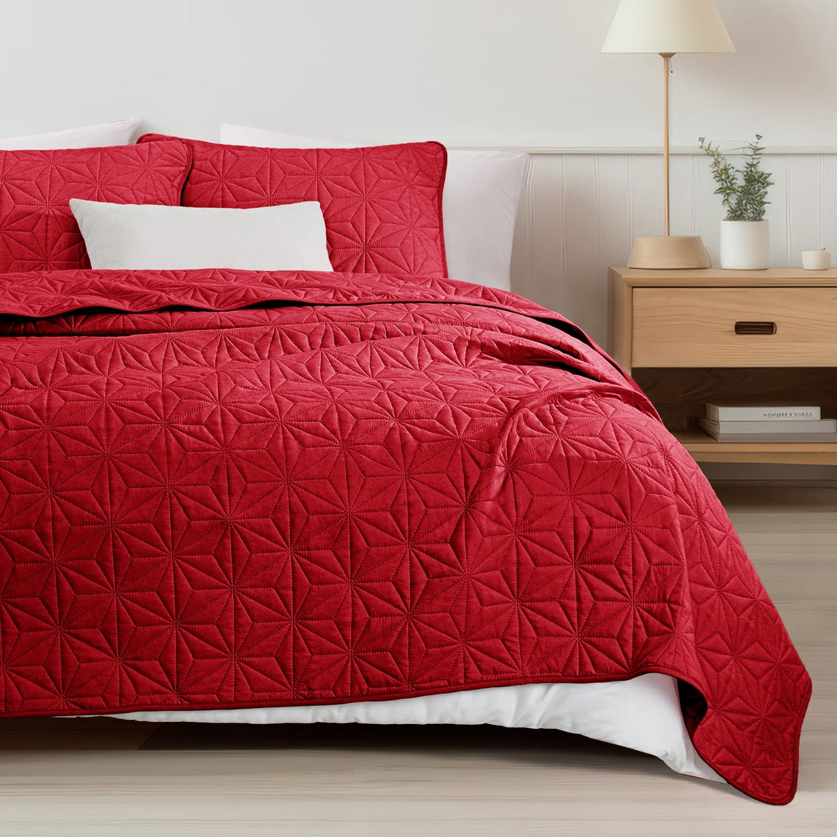 Whale Flotilla Microfiber California King 104"x 112" Quilt Set Lightweight Quilted Bedspreads Coverlets Set with Stars Pattern, Red