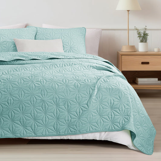 Whale Flotilla Microfiber California King 104"x 112" Quilt Set Lightweight Quilted Bedspreads Coverlets Set with Stars Pattern, Spa Blue