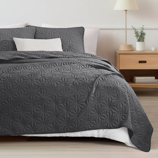 Whale Flotilla Microfiber King Size 96"x 104" Quilt Set Lightweight Quilted Bedspreads Coverlets Set with Stars Pattern, Grey