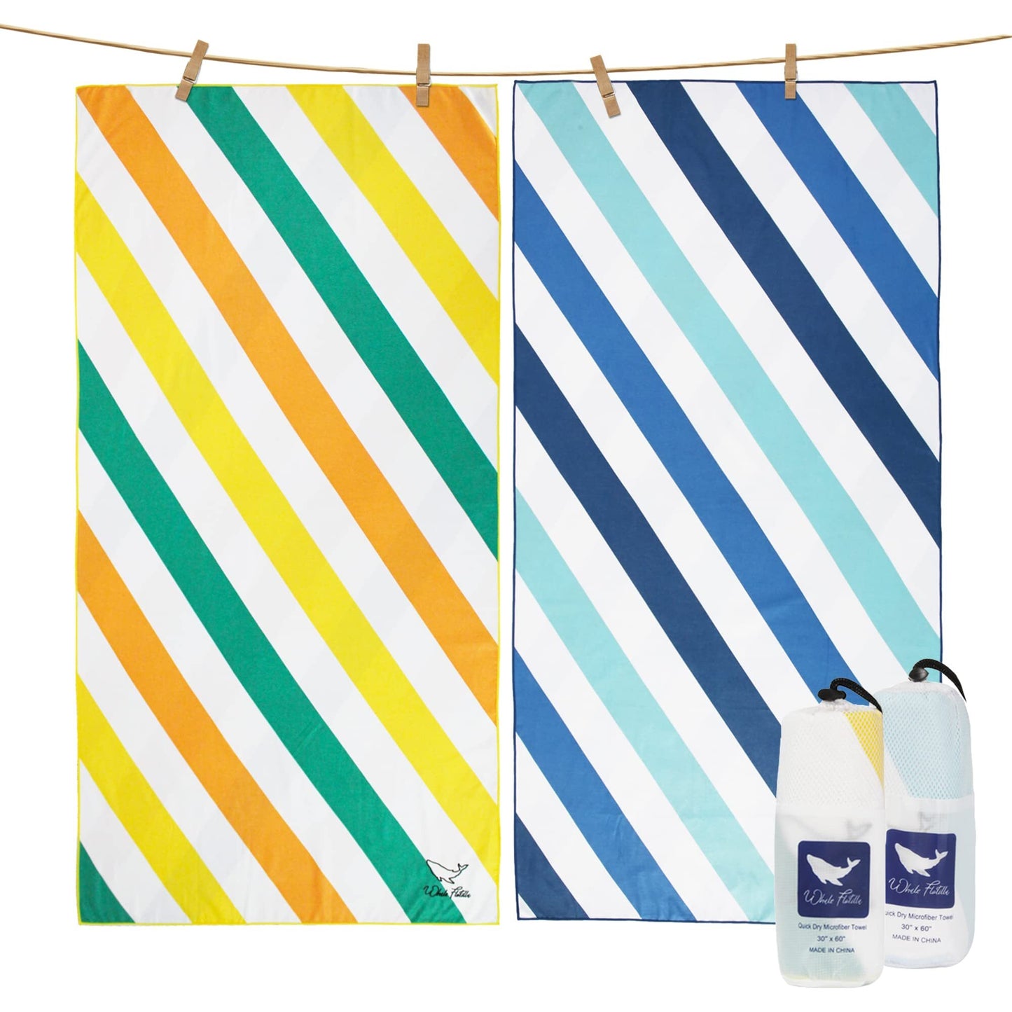 Whale Flotilla Microfiber Large Beach Towel, 2 Pack Quick Dry Beach Towel Sand Free Cooling Travel Camp Pool Towel Set, Super Absorbent and Portable, Aqua and Orange 35x70 Inch