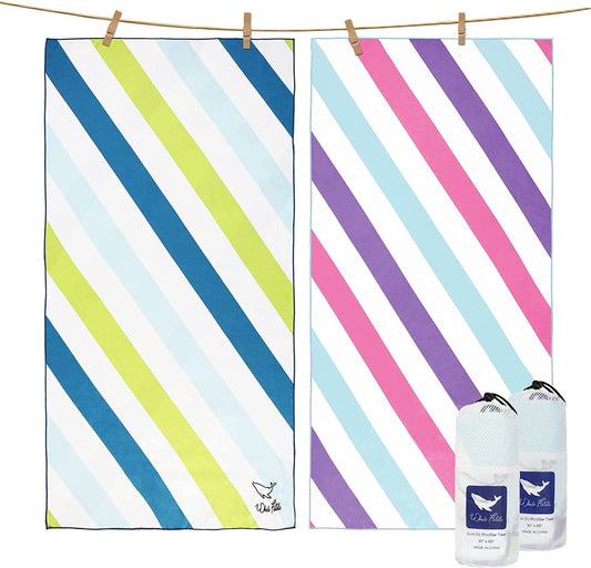 Whale Flotilla Microfiber Large Beach Towel, 2 Pack Quick Dry Beach Towel Sand Free Cooling Travel Camp Pool Towel Set, Super Absorbent and Portable, Green and Pink 30x60 Inch
