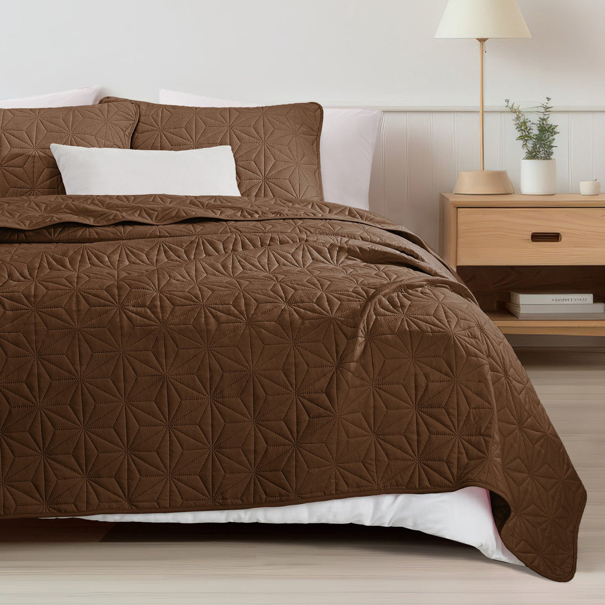 Whale Flotilla Microfiber Queen Size 90"x 96" Quilt Set Lightweight Quilted Bedspreads Coverlets Set with Stars Pattern, Brown