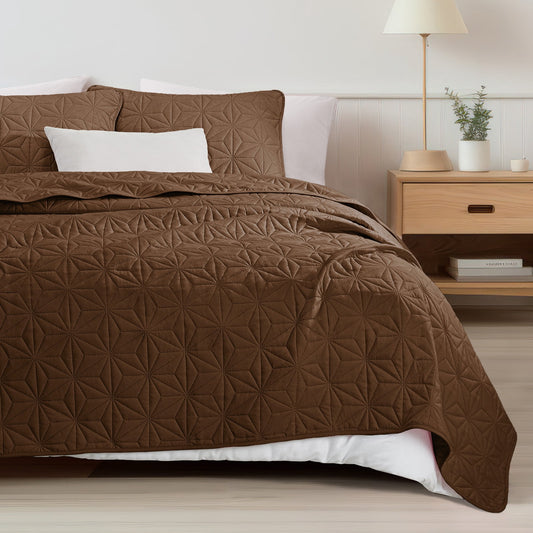 Whale Flotilla Microfiber Queen Size 90"x 96" Quilt Set Lightweight Quilted Bedspreads Coverlets Set with Stars Pattern, Brown