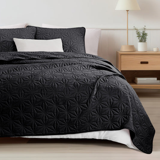 Whale Flotilla Microfiber Twin Size 68"x 88" Quilt Set Lightweight Quilted Bedspreads Coverlets Set with Stars Pattern, Black