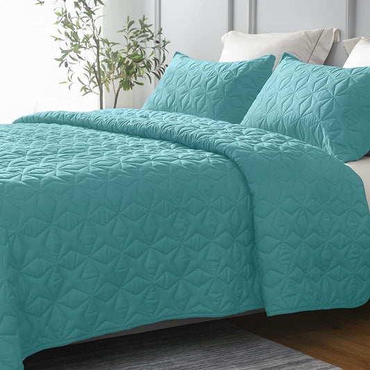 Whale Flotilla Quilt Set Twin Size, Soft Microfiber Lightweight Bedspread Coverlet Bed Cover (Star Pattern) for All Seasons, Turquoise, 3 Pieces (Includes 1 Quilt, 2 Shams)