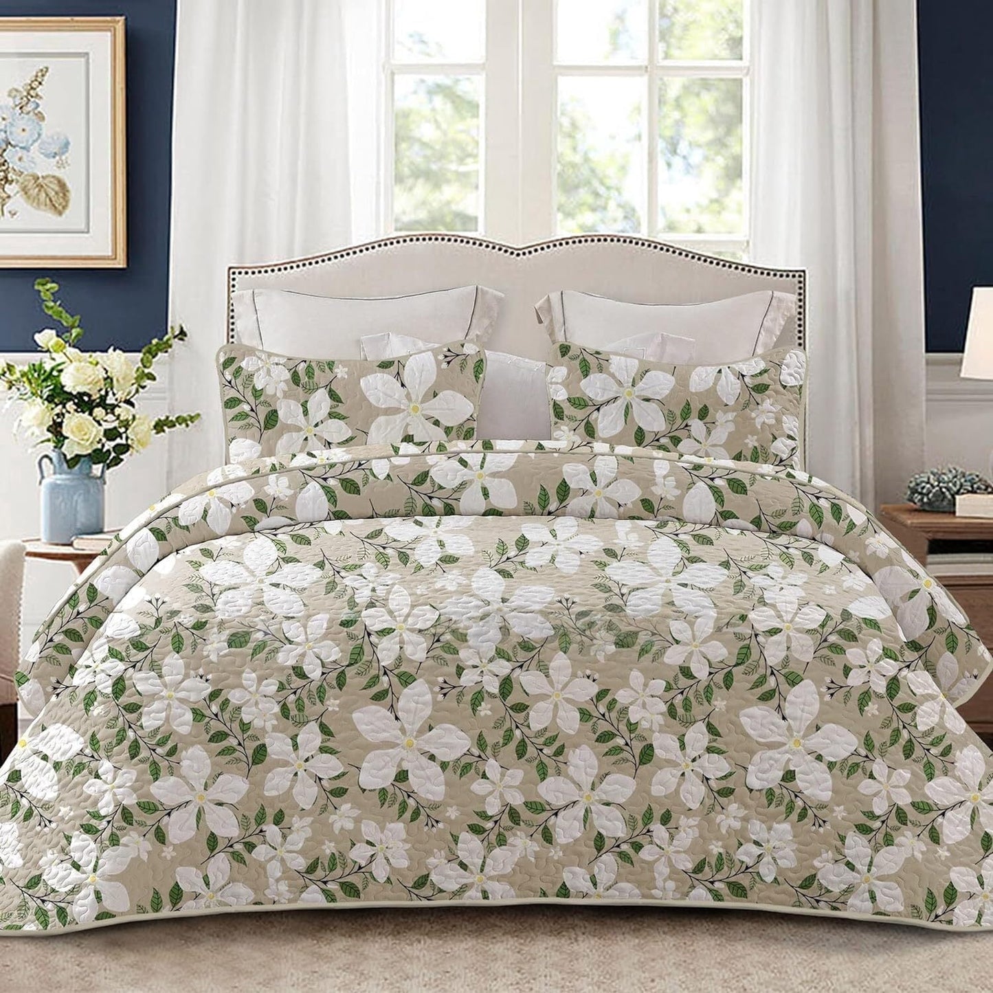 Whale Flotilla Reversible Floral Quilt Set California King Size, Lightweight Boho Printed Bedspreads Coverlets Quilts Bedding Set with 2 Pillow Shams for All SeasonsㄛWhite/Bone