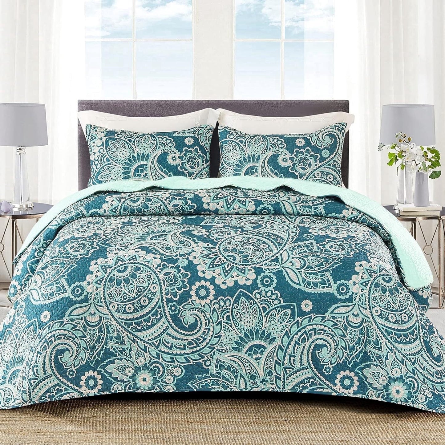 Whale Flotilla Reversible Paisley Quilt Set California King Size, Lightweight Boho Printed Bedspreads Coverlets Quilts Bedding Set with 2 Pillow Shams for All Seasons, Turquoise