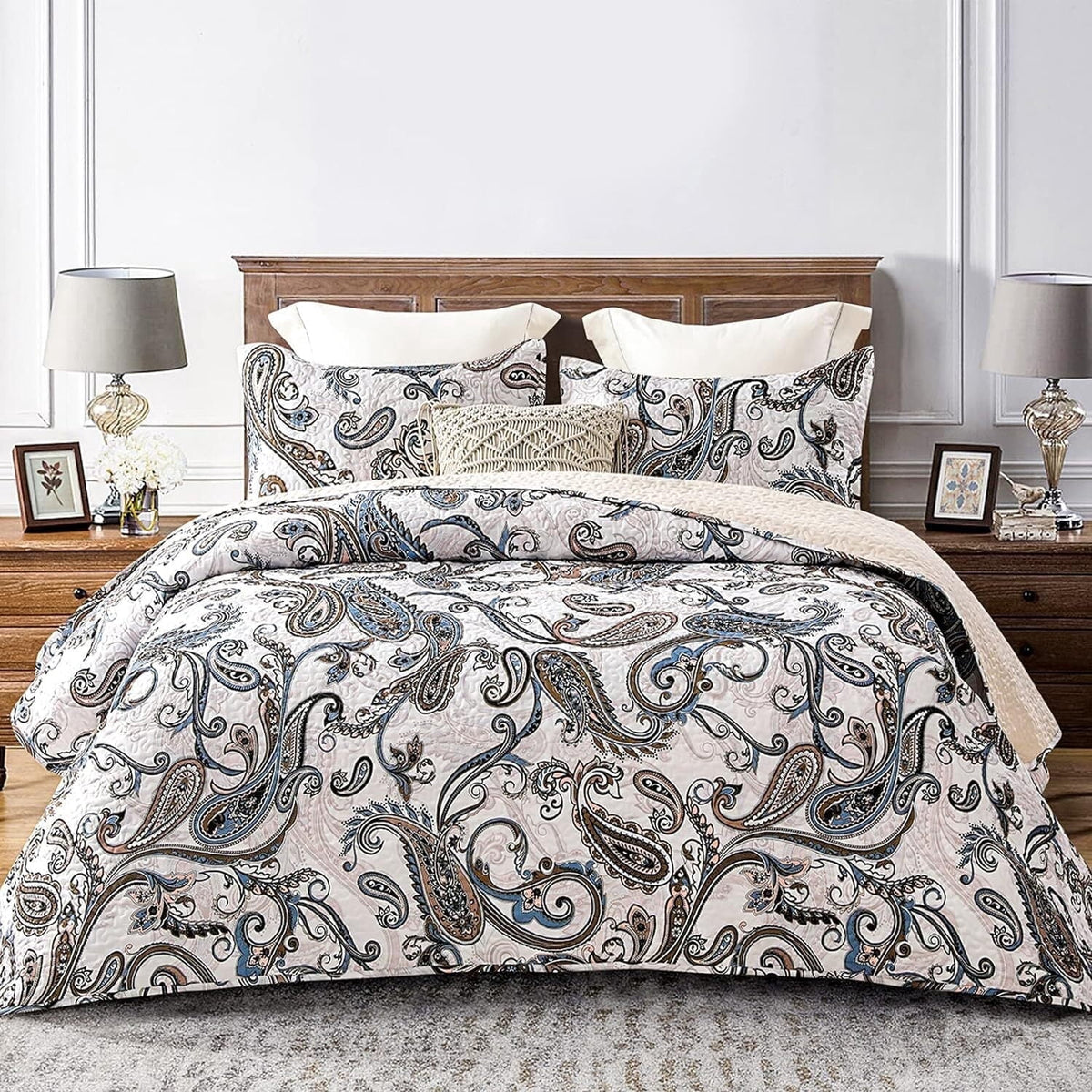 Whale Flotilla Reversible Paisley Quilt Set California King Size, Lightweight Boho Printed Bedspreads Coverlets Quilts Bedding Set with 2 Pillow Shams for All Seasons, Bone/Grey