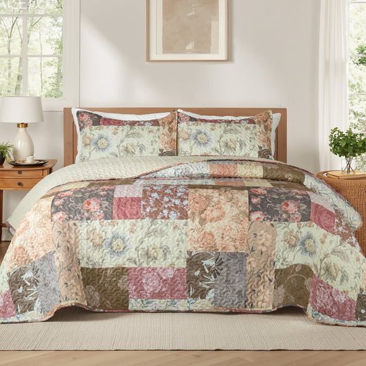 Whale Flotilla Reversible Patchwork Quilts California King Size, Lightweight Boho Printed Bedspreads Coverlets Oversized Quilt Bedding Set with 2 Pillow Shams for All Seasons, Vintage Red Flowers