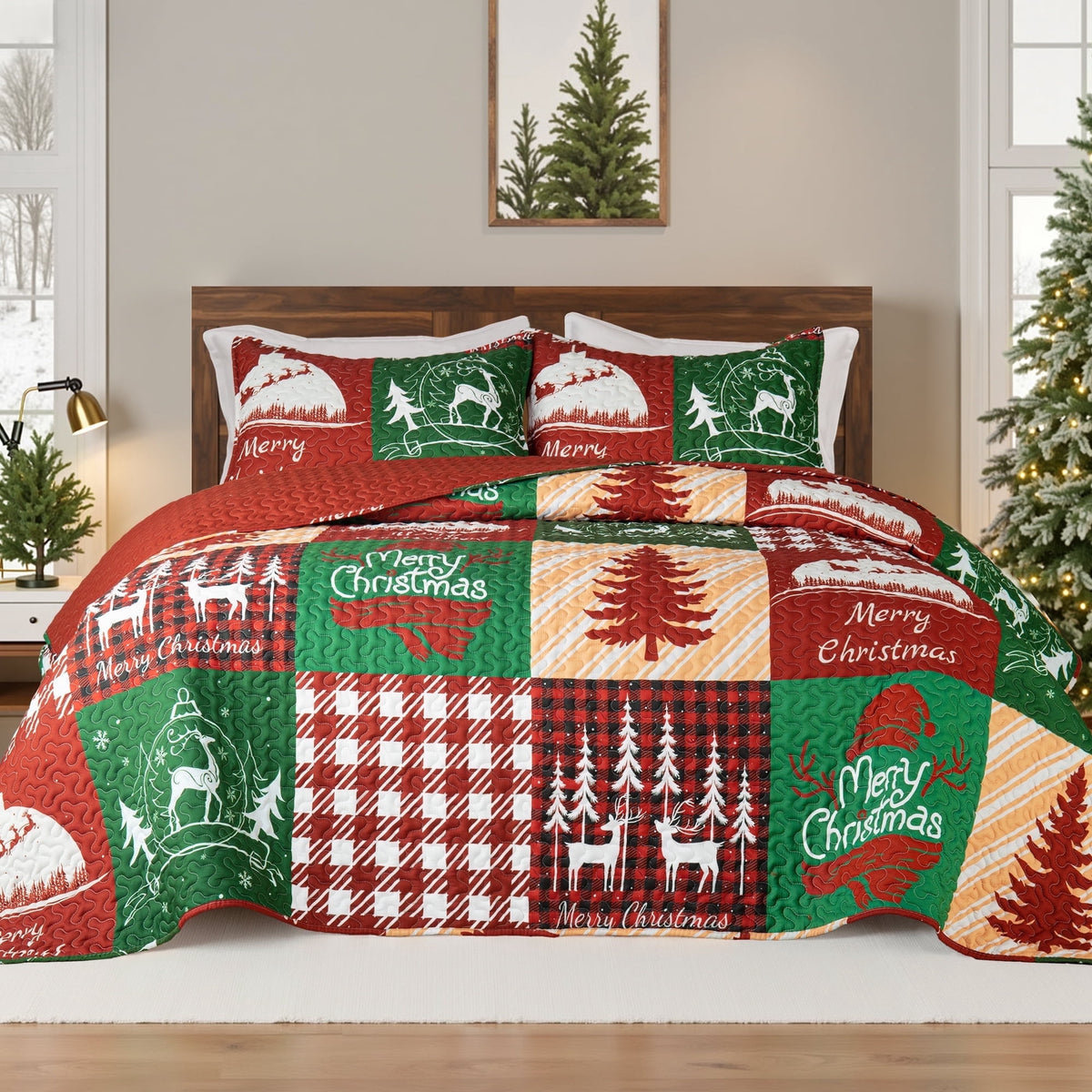 Whale Flotilla Reversible Patchwork Quilts King Size, Lightweight Boho Printed Bedspreads Coverlets Oversized Quilt Bedding Set with 2 Pillow Shams for All Seasons, Happy Christmas