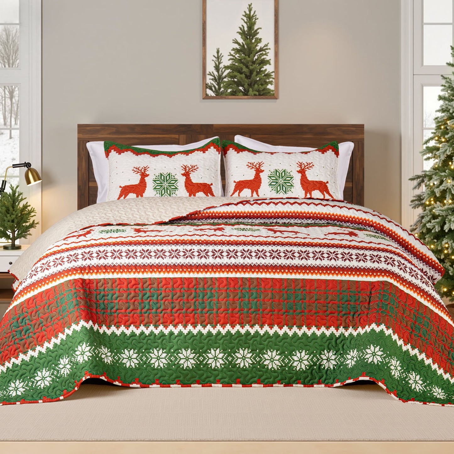 Whale Flotilla Reversible Patchwork Quilts King Size, Lightweight Boho Printed Bedspreads Coverlets Oversized Quilt Bedding Set with 2 Pillow Shams for All Seasons, Happy Snowflake