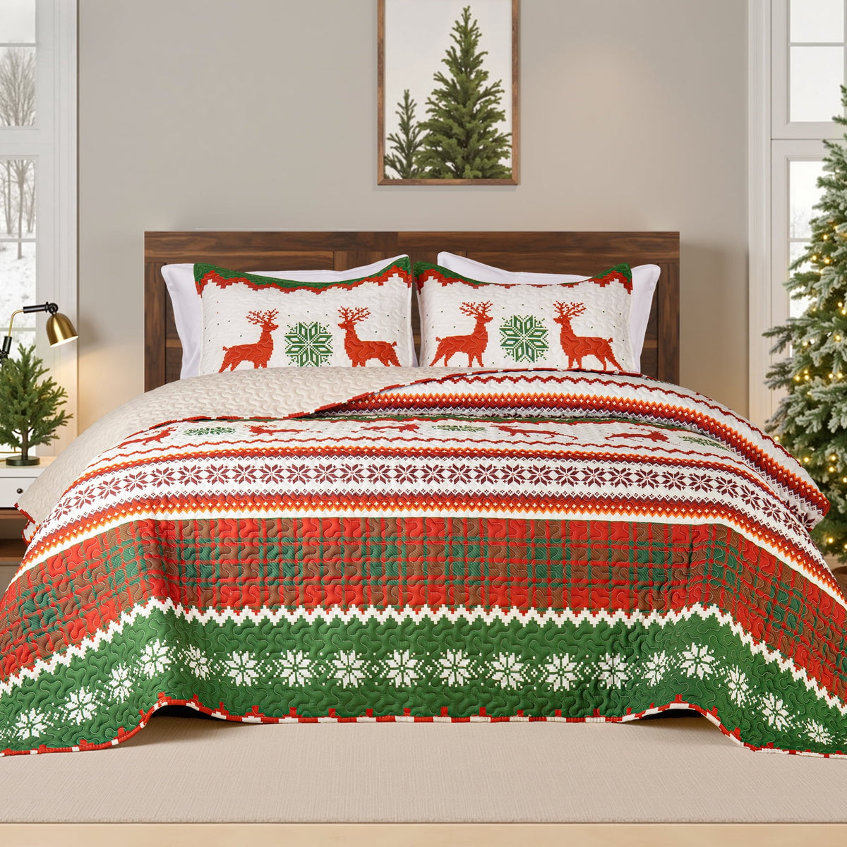 Whale Flotilla Reversible Patchwork Quilts Queen Size, Lightweight Boho Printed Bedspreads Coverlets Full Size Quilt Bedding Set with 2 Pillow Shams for All Seasons, Happy Snowflake