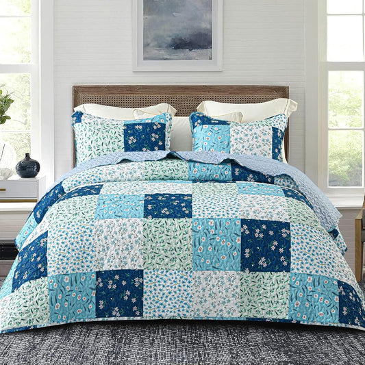 Whale Flotilla Reversible Patchwork Quilts Twin Size, Lightweight Boho Printed Bedspreads Coverlets Quilt Bedding Set with 1 Pillow Sham for All Seasons, Blue