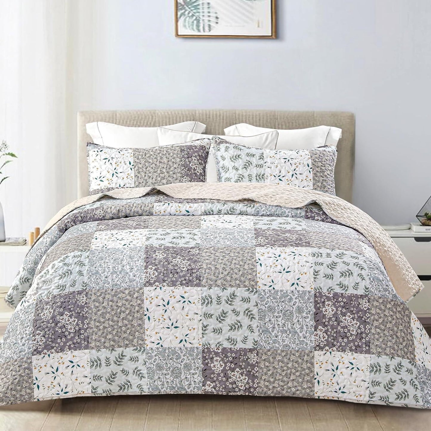 Whale Flotilla Reversible Patchwork Quilts Twin Size, Lightweight Boho Printed Bedspreads Coverlets Quilt Bedding Set with 1 Pillow Sham for All Seasons,Light Grey