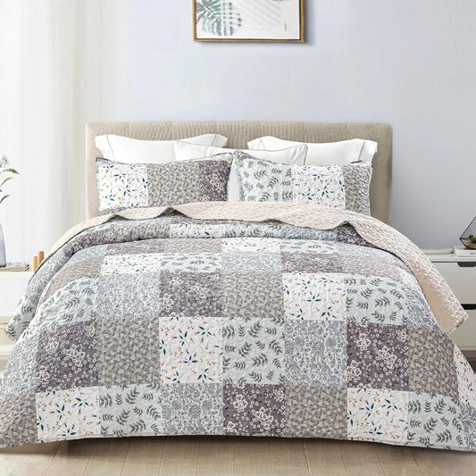 Whale Flotilla Reversible Patchwork Quilts Twin Size, Lightweight Boho Printed Bedspreads Coverlets Quilt Bedding Set with 1 Pillow Sham for All Seasons,Light Grey