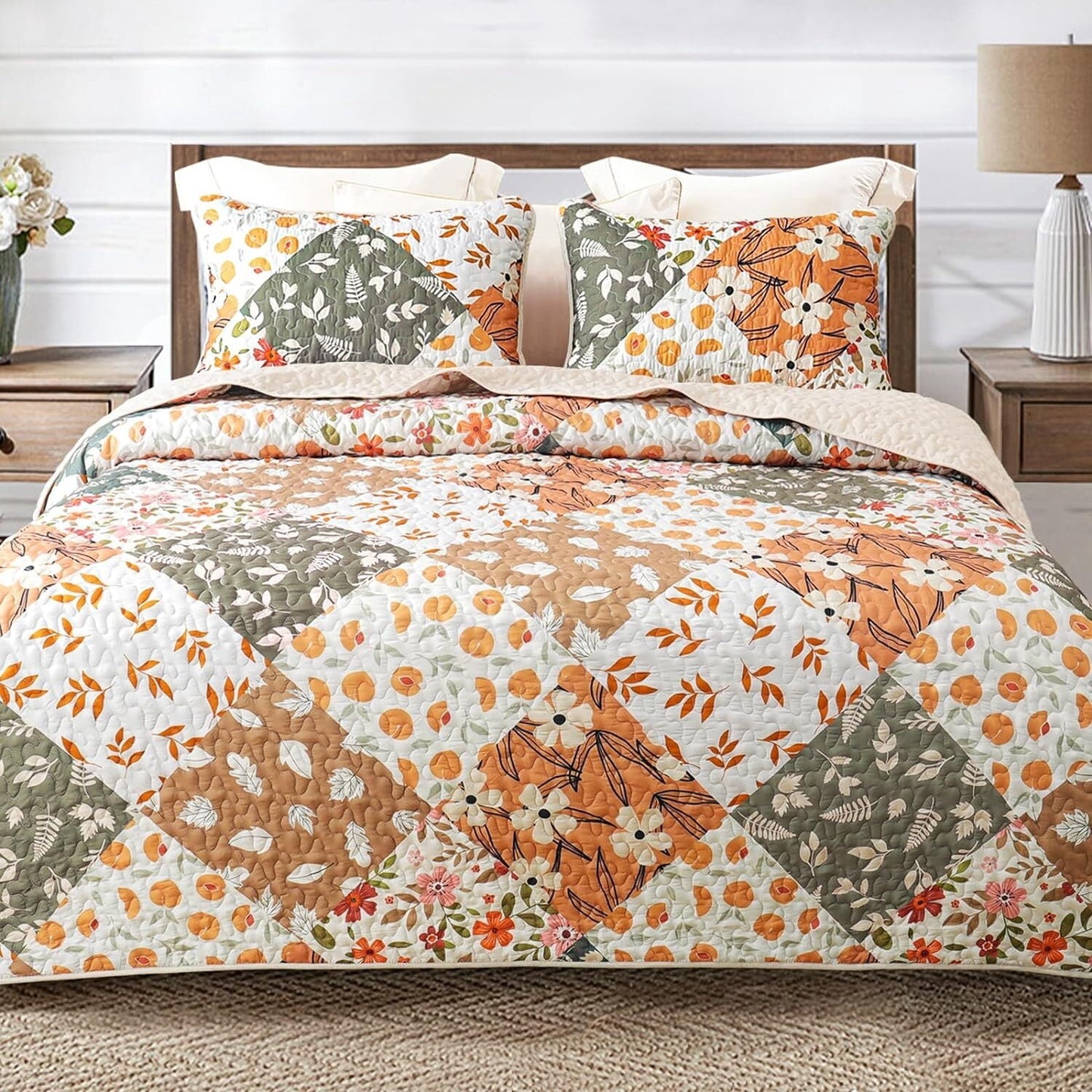 Whale Flotilla Reversible Patchwork Quilts Twin Size, Lightweight Boho Printed Bedspreads Coverlets Quilt Bedding Set with 1 Pillow Sham for All Seasons, Orange