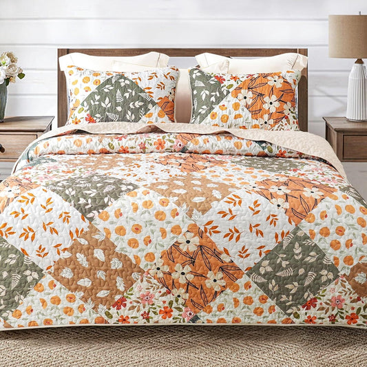 Whale Flotilla Reversible Patchwork Quilts Twin Size, Lightweight Boho Printed Bedspreads Coverlets Quilt Bedding Set with 1 Pillow Sham for All Seasons, Orange