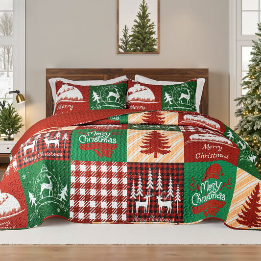 Whale Flotilla Reversible Patchwork Quilts Twin Size, Lightweight Boho Printed Bedspreads Coverlets Quilt Bedding Set with 1 Pillow Shams for All Seasons, Happy Christmas