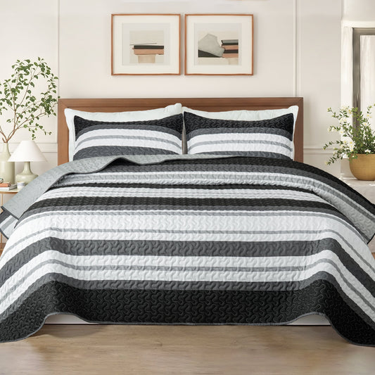 Whale Flotilla Reversible Ultra Soft Printed Quilts King Size, Lightweight Patchwork Geometric Stripes Bedspreads Coverlets Quilt Bedding Set with 2 Pillow Shams for All Seasons, Black and White