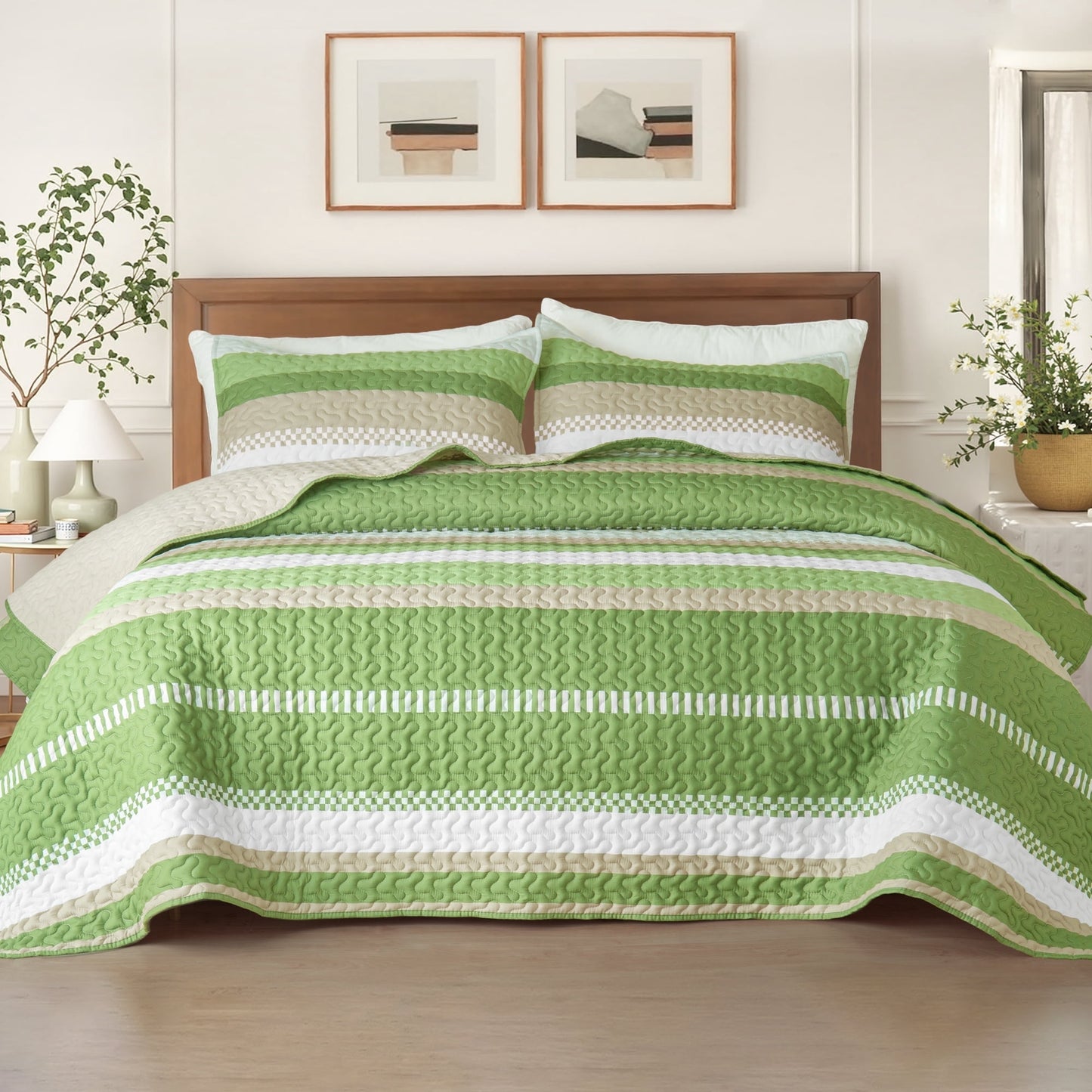 Whale Flotilla Reversible Ultra Soft Printed Quilts King Size, Lightweight Patchwork Geometric Stripes Bedspreads Coverlets Quilt Bedding Set with 2 Pillow Shams for All Seasons, Green