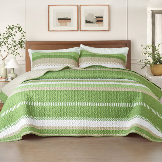 Whale Flotilla Reversible Ultra Soft Printed Quilts King Size, Lightweight Patchwork Geometric Stripes Bedspreads Coverlets Quilt Bedding Set with 2 Pillow Shams for All Seasons, Green
