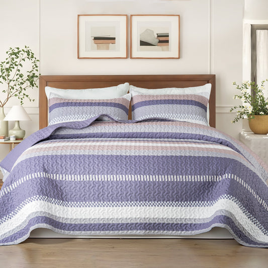Whale Flotilla Reversible Ultra Soft Printed Quilts King Size, Lightweight Patchwork Geometric Stripes Bedspreads Coverlets Quilt Bedding Set with 2 Pillow Shams for All Seasons, Purple and Pink