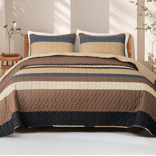Whale Flotilla Reversible Ultra Soft Printed Quilts King Size, Lightweight Patchwork Geometric Stripes Bedspreads Coverlets Quilt Bedding Set with 2 Pillow Shams for All Seasons, Camel