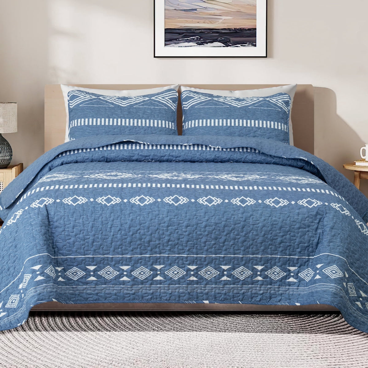 Whale Flotilla Reversible Ultra Soft Printed Quilts King Size, Lightweight Patchwork Geometric Stripes Bedspreads Coverlets Quilt Bedding Set with 2 Pillow Shams for All Seasons, Bluish Grey