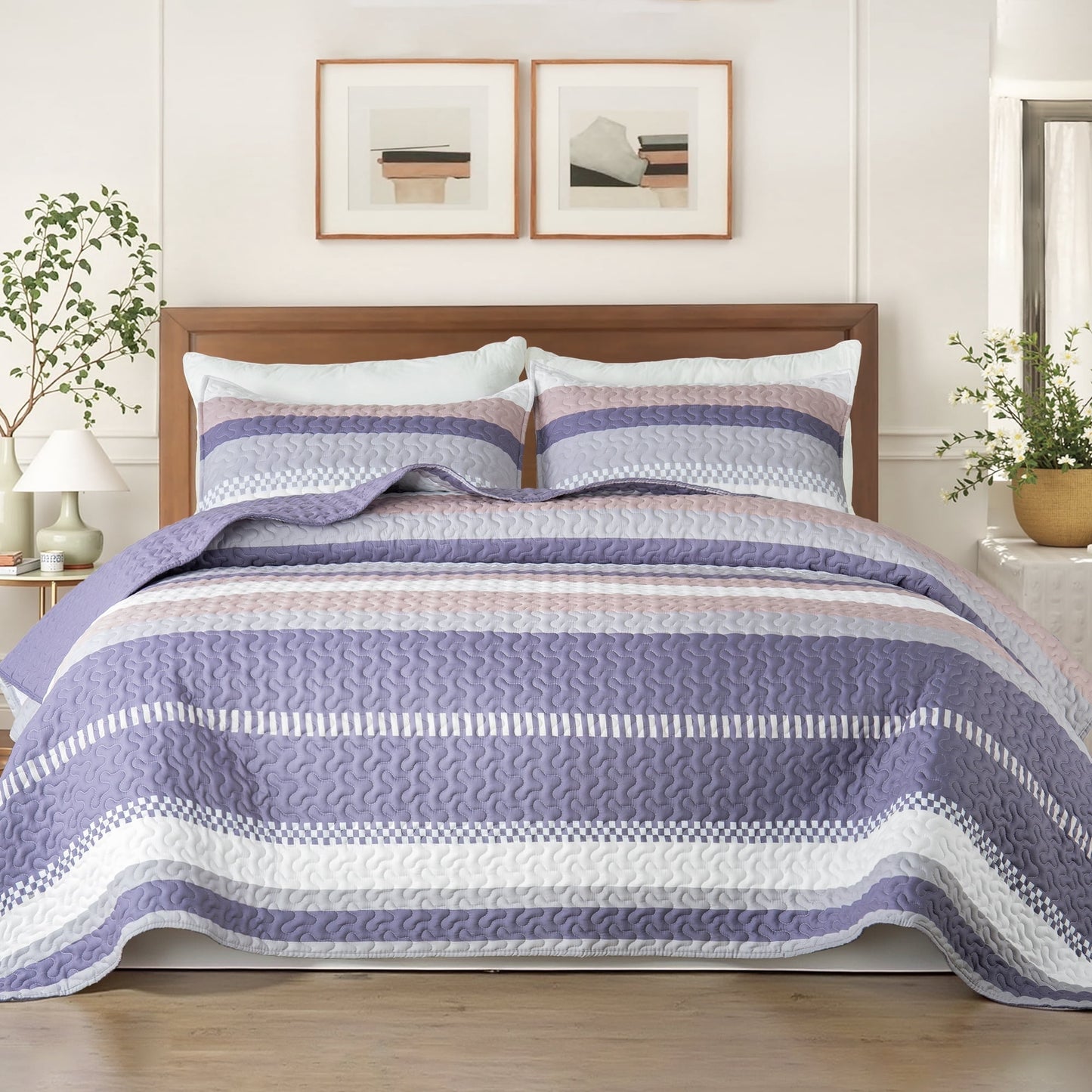 Whale Flotilla Reversible Ultra Soft Printed Quilts Queen Size, Lightweight Patchwork Geometric Stripes Bedspreads Coverlets Queen Quilt Bedding Set with 2 Pillow Shams for All Seasons, Purple/Pink