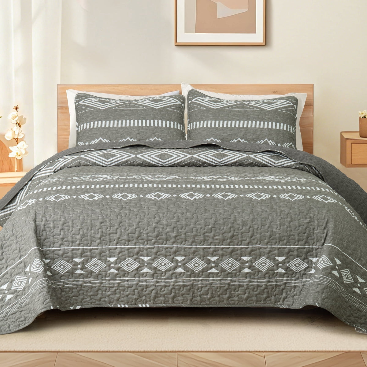 Whale Flotilla Reversible Ultra Soft Printed Quilts Queen Size, Lightweight Patchwork Geometric Stripes Bedspreads Coverlets Queen Quilt Bedding Set with 2 Pillow Shams for All Seasons, Deep Grey