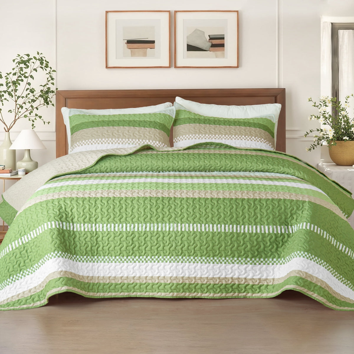 Whale Flotilla Reversible Ultra Soft Printed Quilts Twin Size, Lightweight Patchwork Geometric Stripes Bedspreads Coverlets Twin Quilt Bedding Set with 1 Pillow Shams for All Seasons, Green