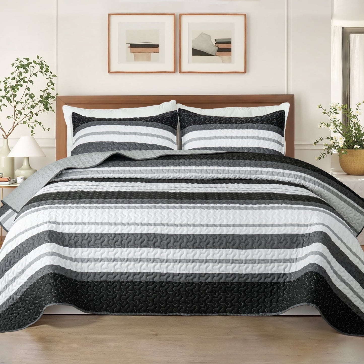 Whale Flotilla Reversible Ultra Soft Printed Quilts Twin Size, Lightweight Patchwork Geometric Stripes Bedspreads Coverlets Twin Quilt Bedding Set with 1 Pillow Shams for All Seasons, Black and White