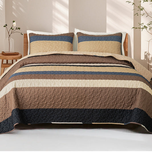 Whale Flotilla Reversible Ultra Soft Printed Quilts Twin Size, Lightweight Patchwork Geometric Stripes Bedspreads Coverlets Twin Quilt Bedding Set with 1 Pillow Sham for All Seasons, Camel
