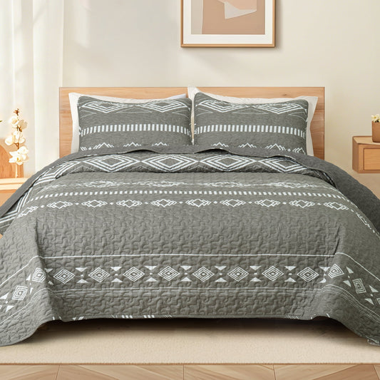 Whale Flotilla Reversible Ultra Soft Printed Quilts Twin Size, Lightweight Patchwork Geometric Stripes Bedspreads Coverlets Twin Quilt Bedding Set with 1 Pillow Sham for All Seasons, Deep Grey