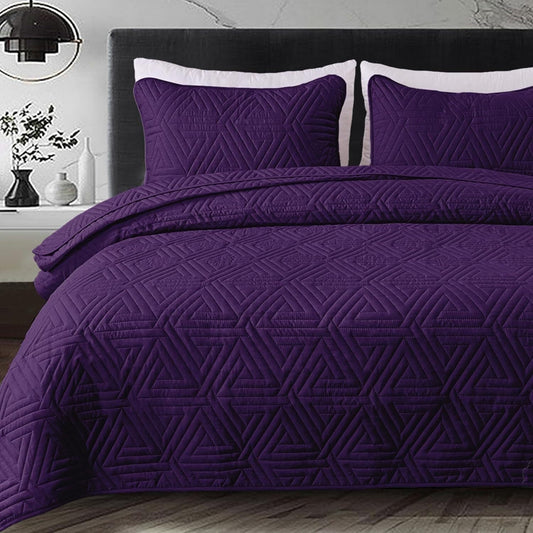 Whale Flotilla 3-Piece King Size Quilt Set for All Season, Classic Geometric Pattern Bedding Set with 2 Pillow Shams, Soft and Lightweight, Purple