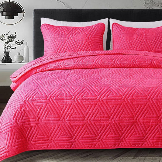 Whale Flotilla 3-Piece Queen Size Quilt Set for All Season, Classic Geometric Pattern Bedding Set with 2 Pillow Shams, Soft and Lightweight, Hot Pink