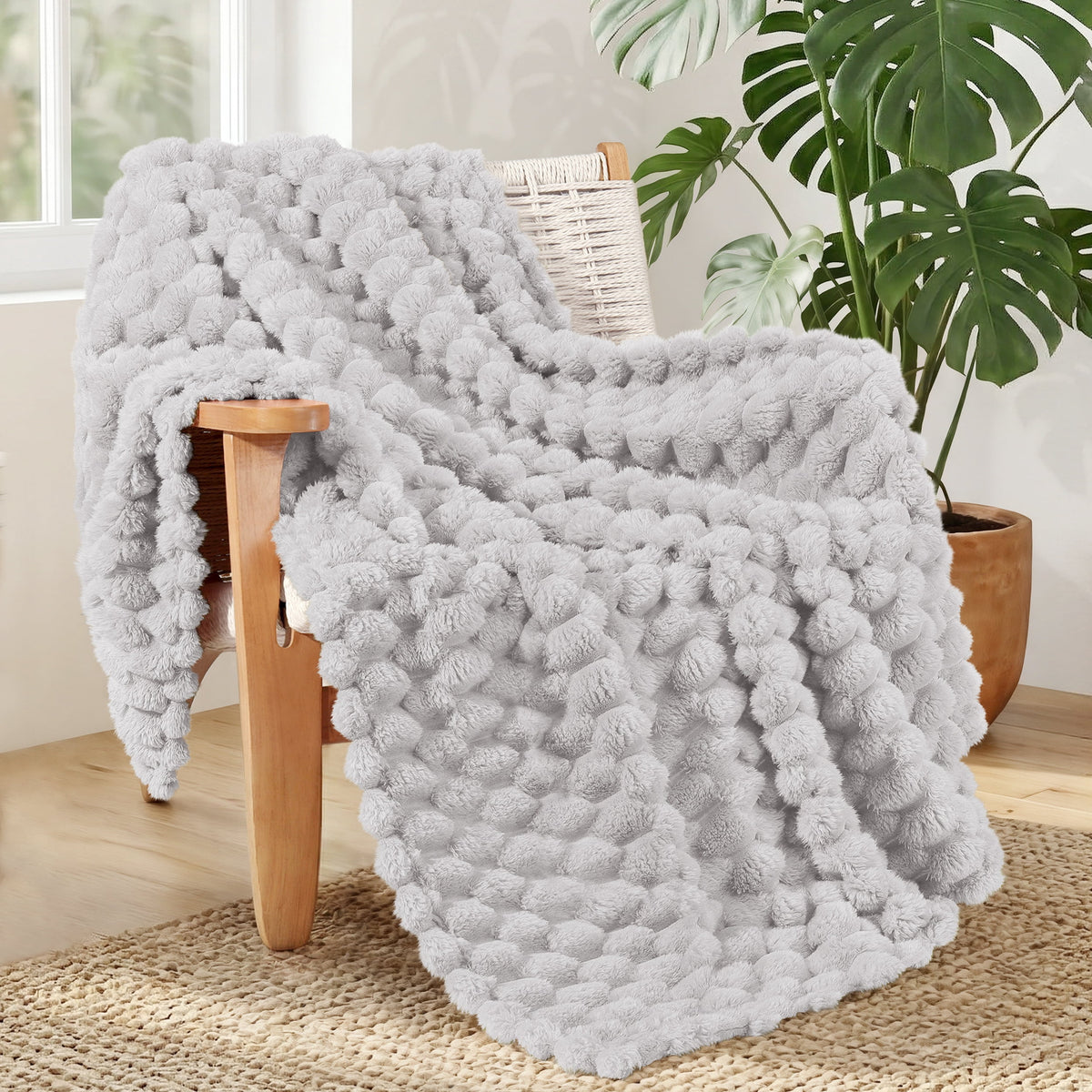 Whale Flotilla 50"x60" Throw Blanket for Couch with Expanded 3D-Jacquard Pattern, Fuzzy Soft Cozy Exquisite Blankets or All Season, Warm and Fluffy, Light Grey