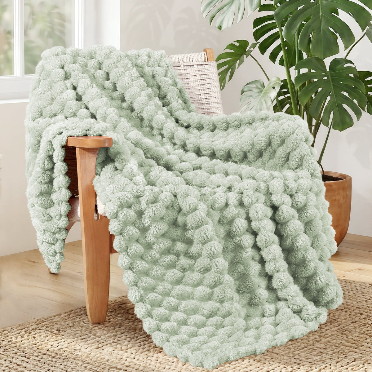 Whale Flotilla 50"x60" Throw Blanket for Couch with Expanded 3D-Jacquard Pattern, Fuzzy Soft Cozy Exquisite Blankets or All Season, Warm and Fluffy, Sage Green