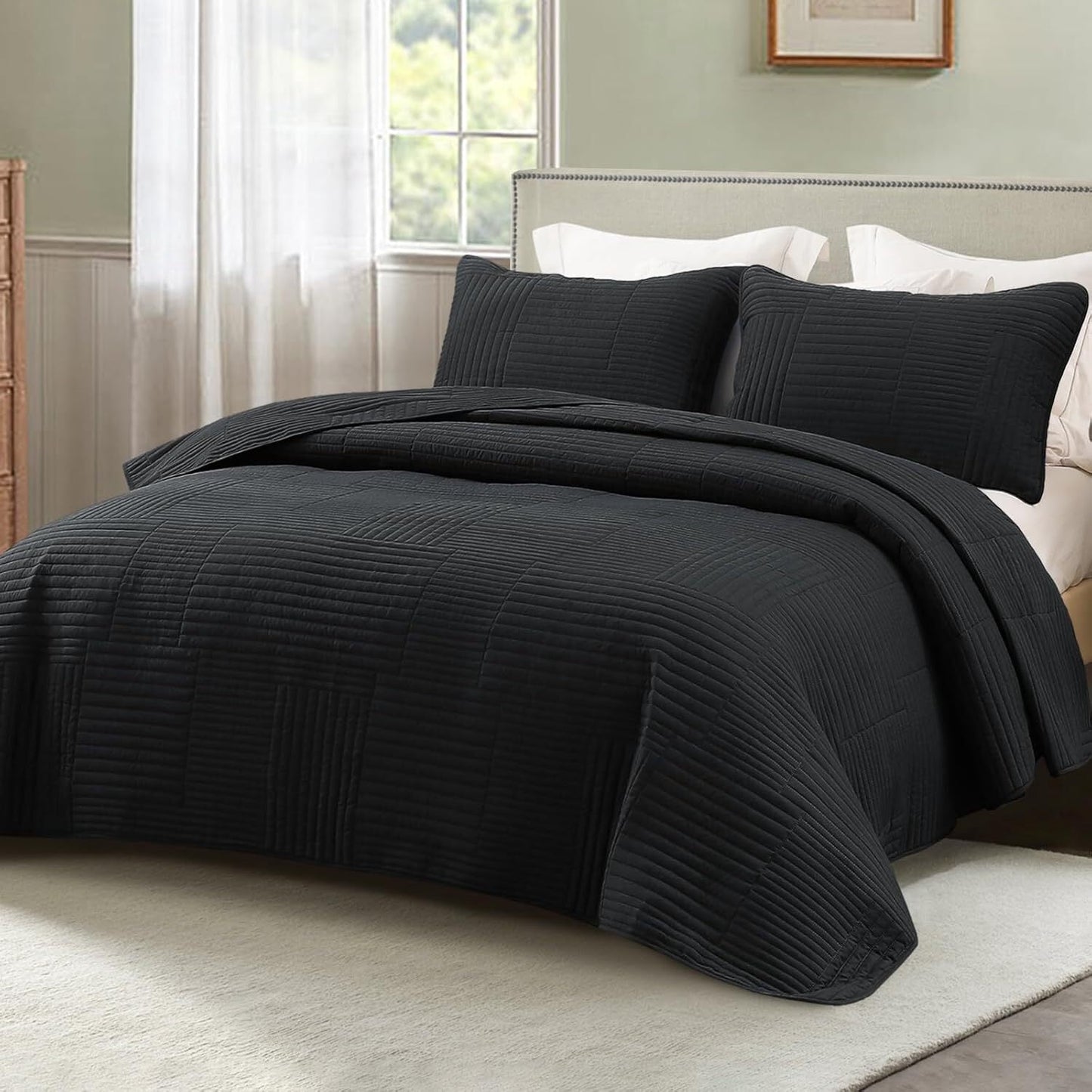 Whale Flotilla Twin Quilt Set, Soft and Lightweight Bedspreads Coverlet with Striped Pattern, Reversible Bedding Sets with Pillow Shams, 68x88 Inches, Black