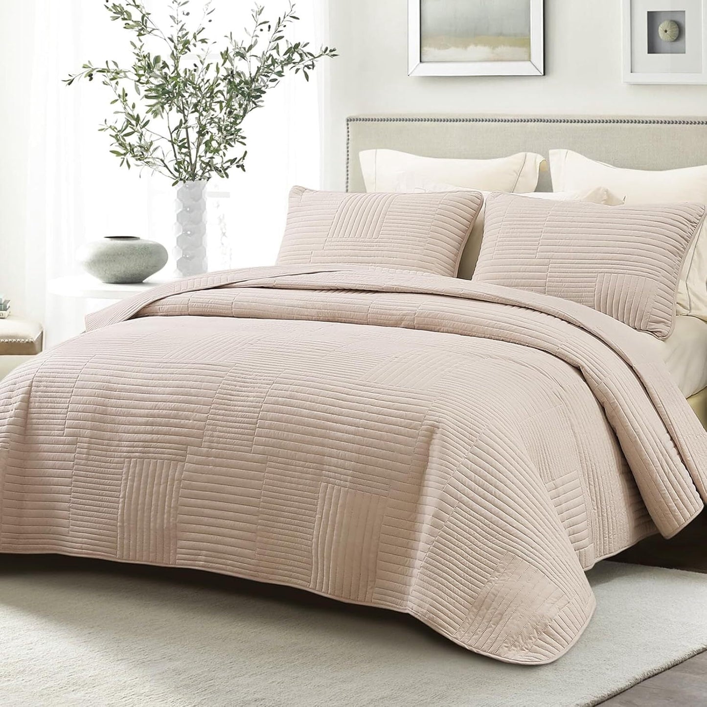Whale Flotilla Twin Quilt Set, Soft and Lightweight Bedspreads Coverlet with Striped Pattern, Reversible Bedding Sets with Pillow Shams, 68x88 Inches, Brich Beige