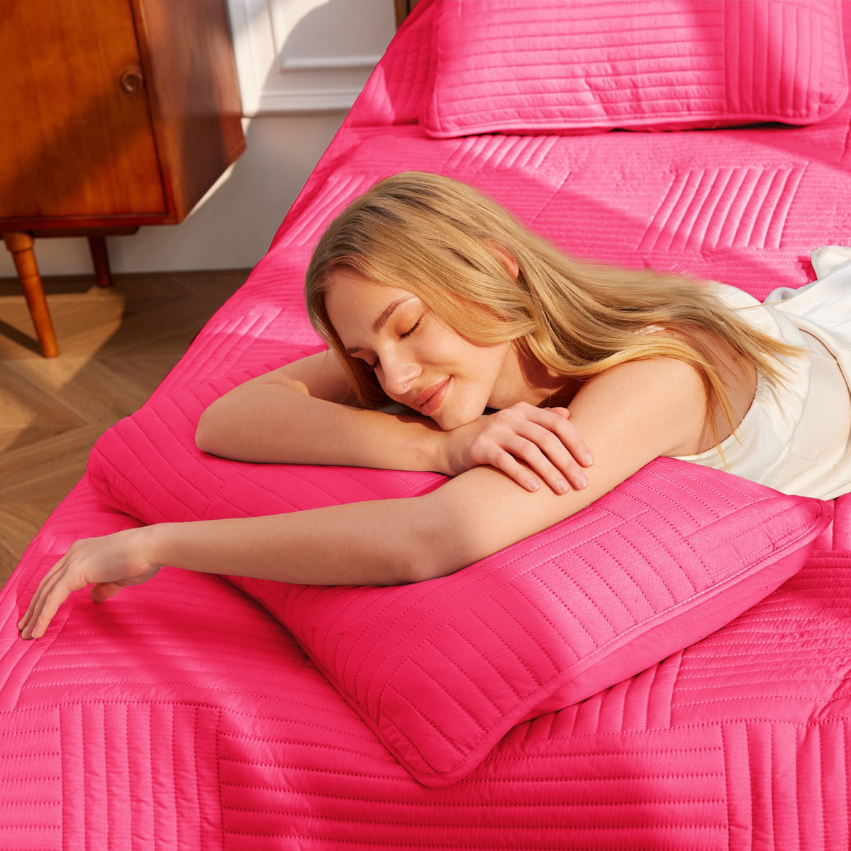Whale Flotilla King Quilt Set, Soft and Lightweight Bedspreads Coverlet with Striped Pattern, Reversible Bedding Sets with Pillow Shams, 96x104 Inches, Hot Pink