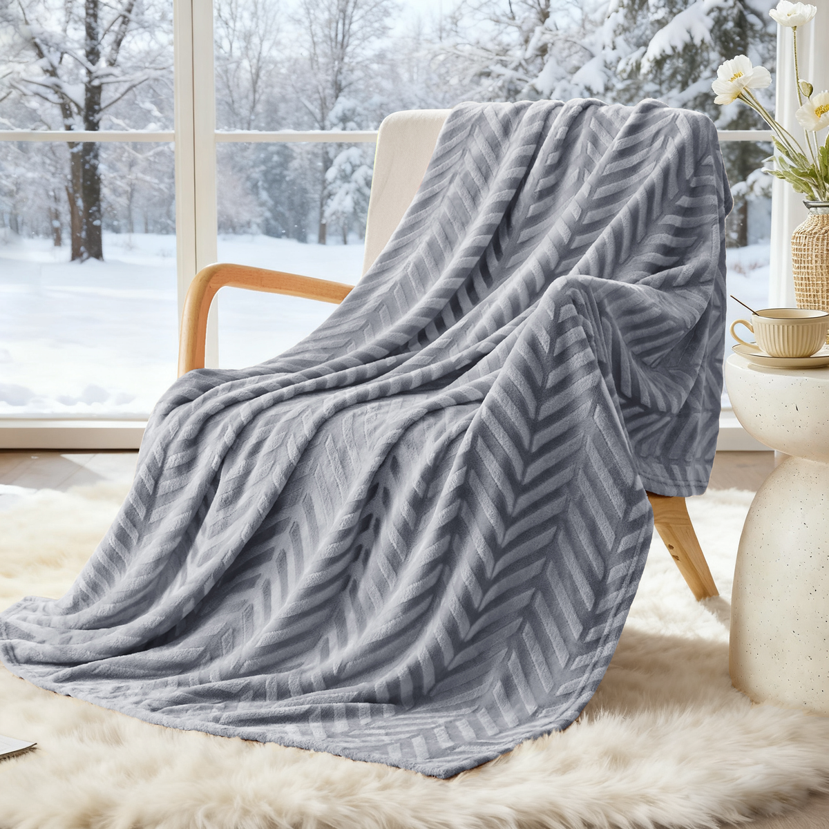 Whale Flotilla Fleece Throw Blanket for Couch, Soft Fluffy Sofa Bed Blanket with Chevron Pattern for All Season, Warm and Lightweight, 50x60 Inch, Silver Grey