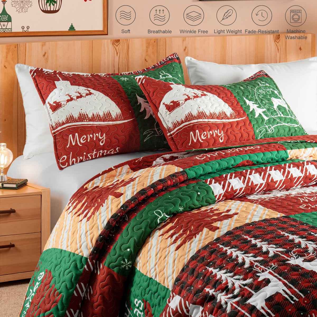Whale Flotilla Reversible Patchwork Quilts King Size, Lightweight Boho Printed Bedspreads Coverlets Oversized Quilt Bedding Set with 2 Pillow Shams for All Seasons, Happy Christmas
