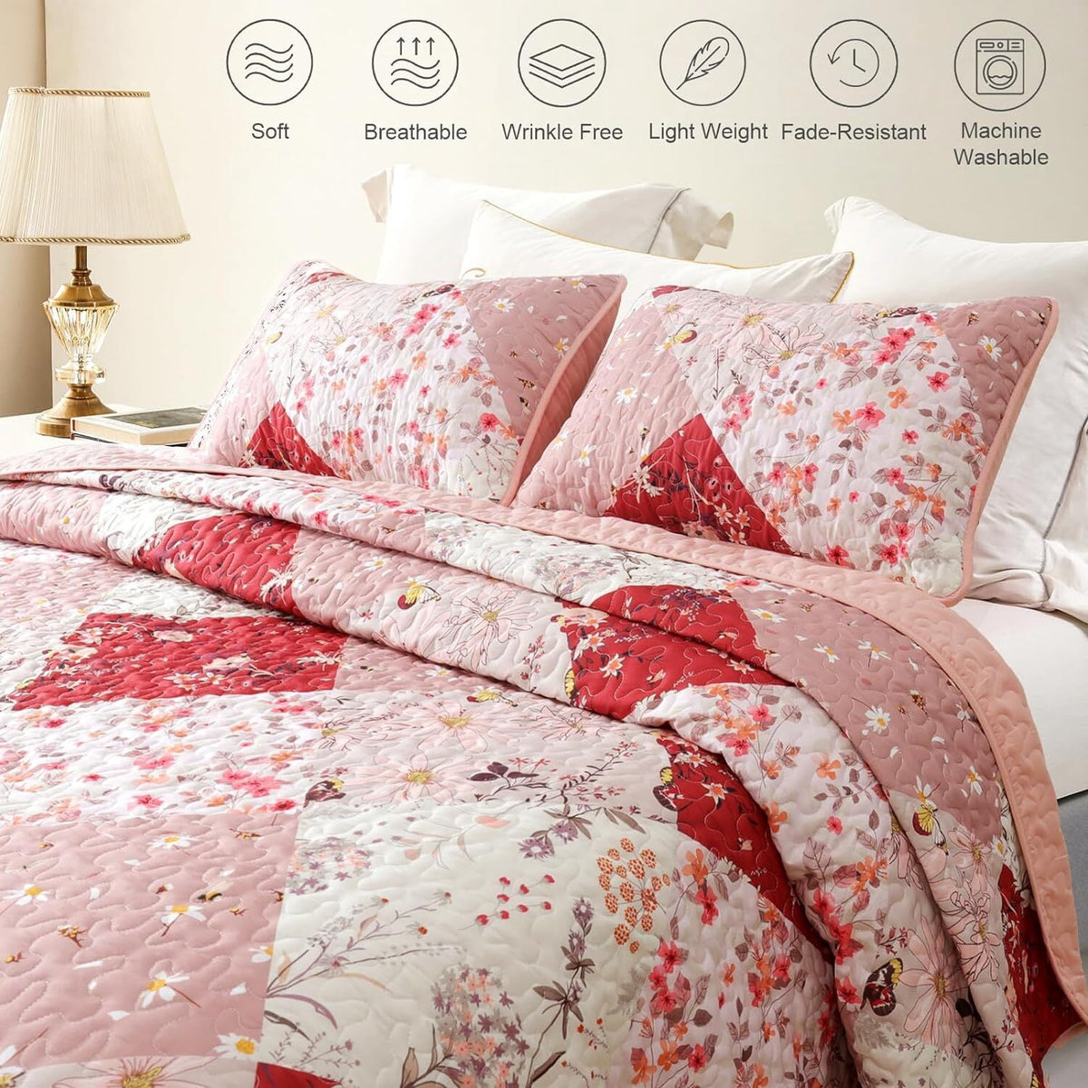 Whale Flotilla Reversible Patchwork Quilt Set Queen Size, Lightweight Boho Printed Bedspreads Coverlets Quilts Bedding Set with 2 Pillow Shams for All Seasons, Red