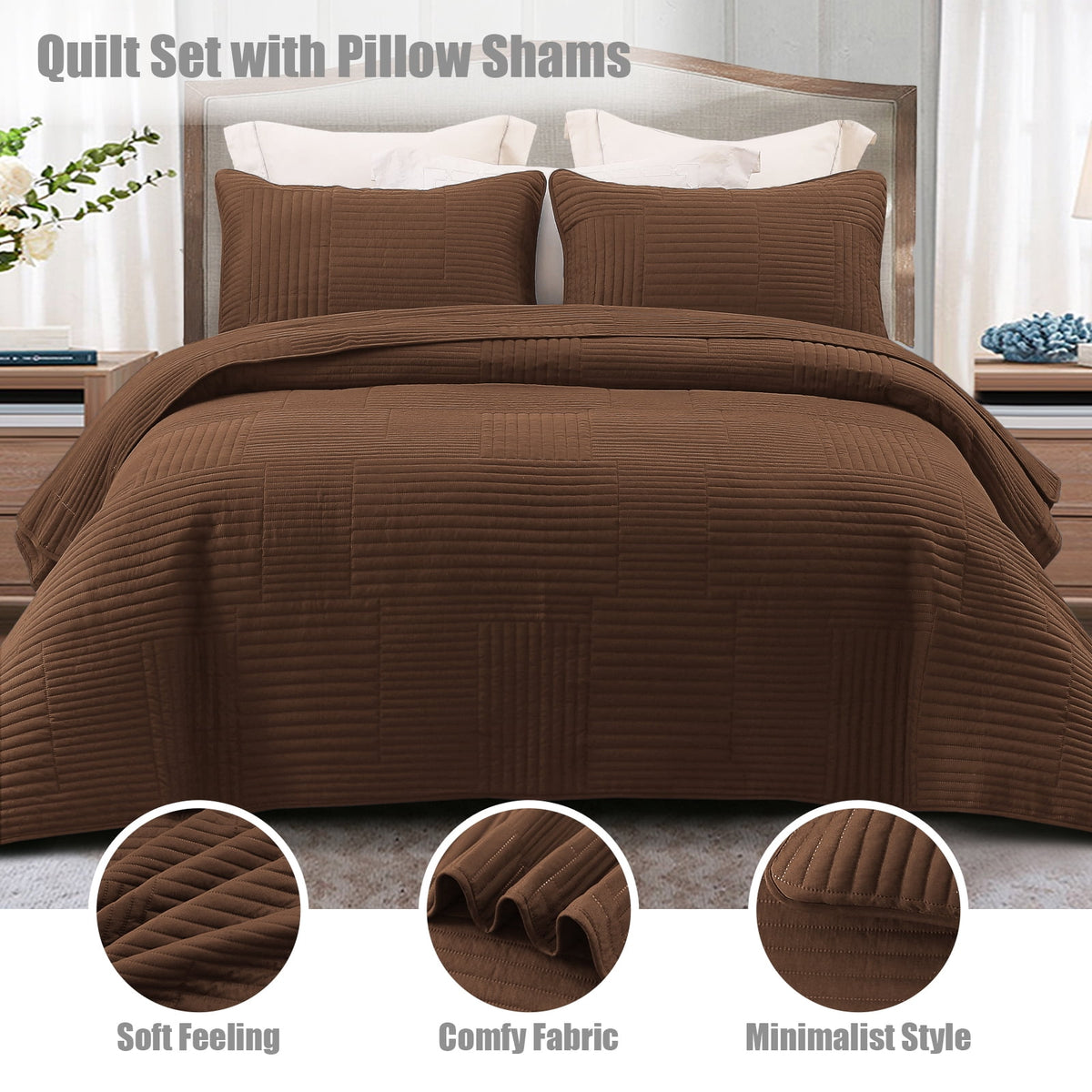 Whale Flotilla King Quilt Set, Soft and Lightweight Bedspreads Coverlet with Striped Pattern, Reversible Bedding Sets with Pillow Shams, 96x104 Inches, Brown