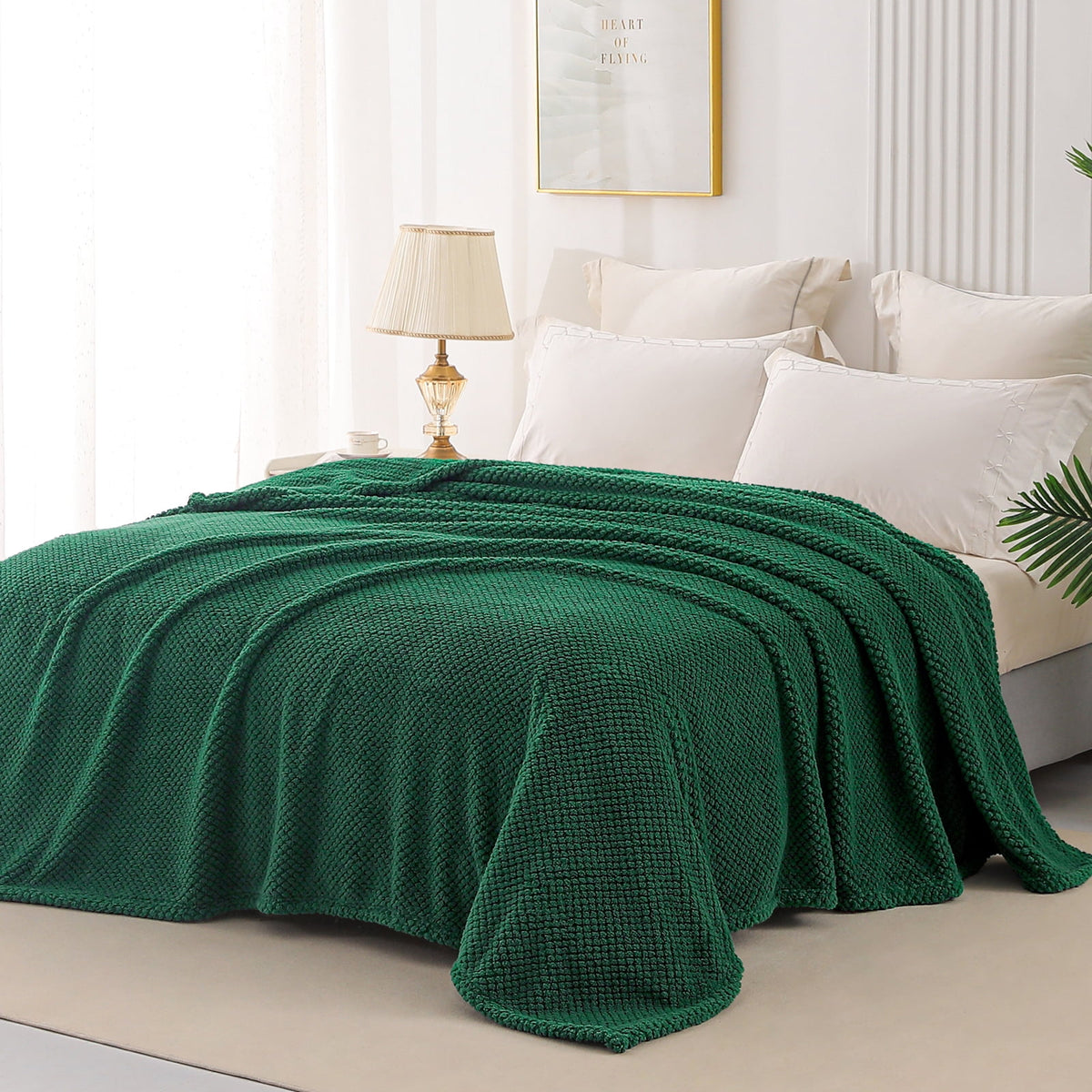 Whale Flotilla Queen Size Fuzzy Fleece Blanket, 90"x90" Fluffy Lightweight Soft Jacquard Bed Blankets for All Seasons, Warm and Cozy, Deep Green