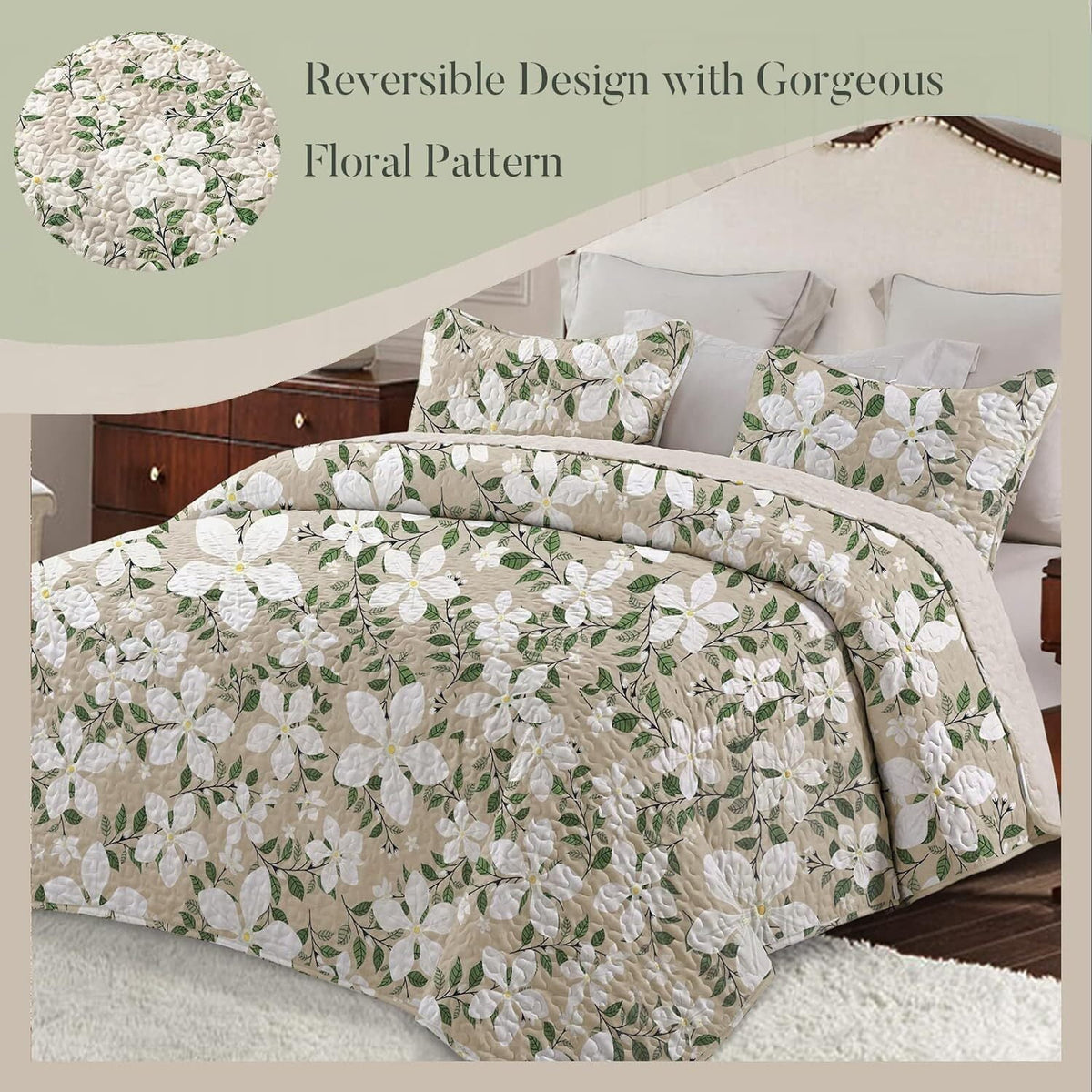 Whale Flotilla Reversible Floral Quilt Set California King Size, Lightweight Boho Printed Bedspreads Coverlets Quilts Bedding Set with 2 Pillow Shams for All SeasonsㄛWhite/Bone