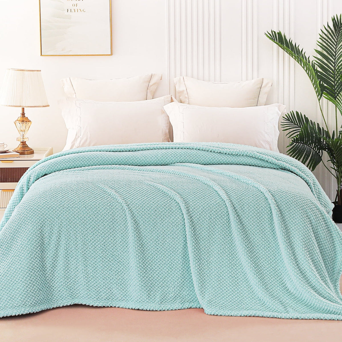 Whale Flotilla Queen Size Fuzzy Fleece Blanket, 90"x90" Fluffy Lightweight Soft Jacquard Bed Blankets for All Seasons, Warm and Cozy, Light Blue