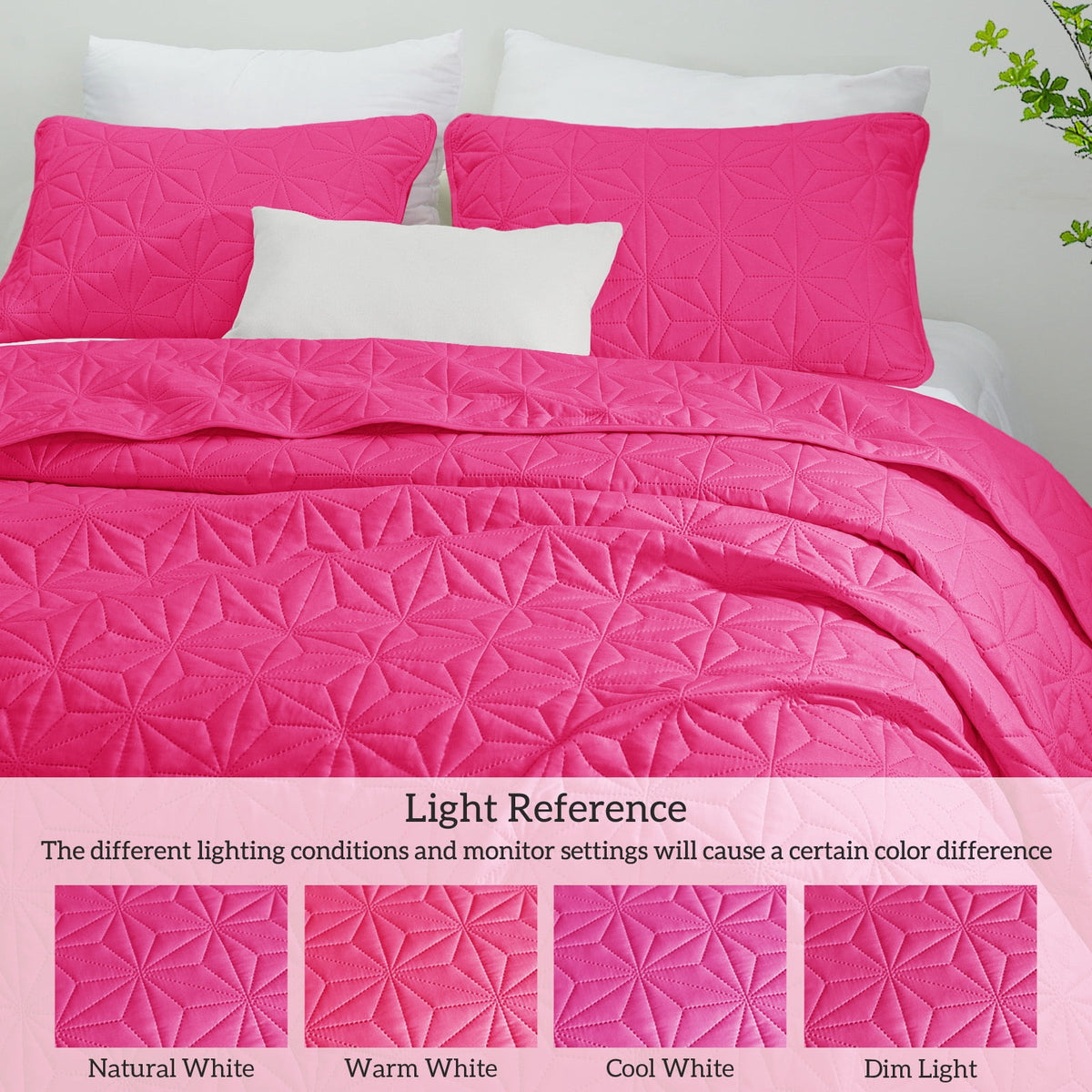 Whale Flotilla Microfiber Queen Size 90"x 96" Quilt Set Lightweight Quilted Bedspreads Coverlets Set with Stars Pattern, Hot Pink