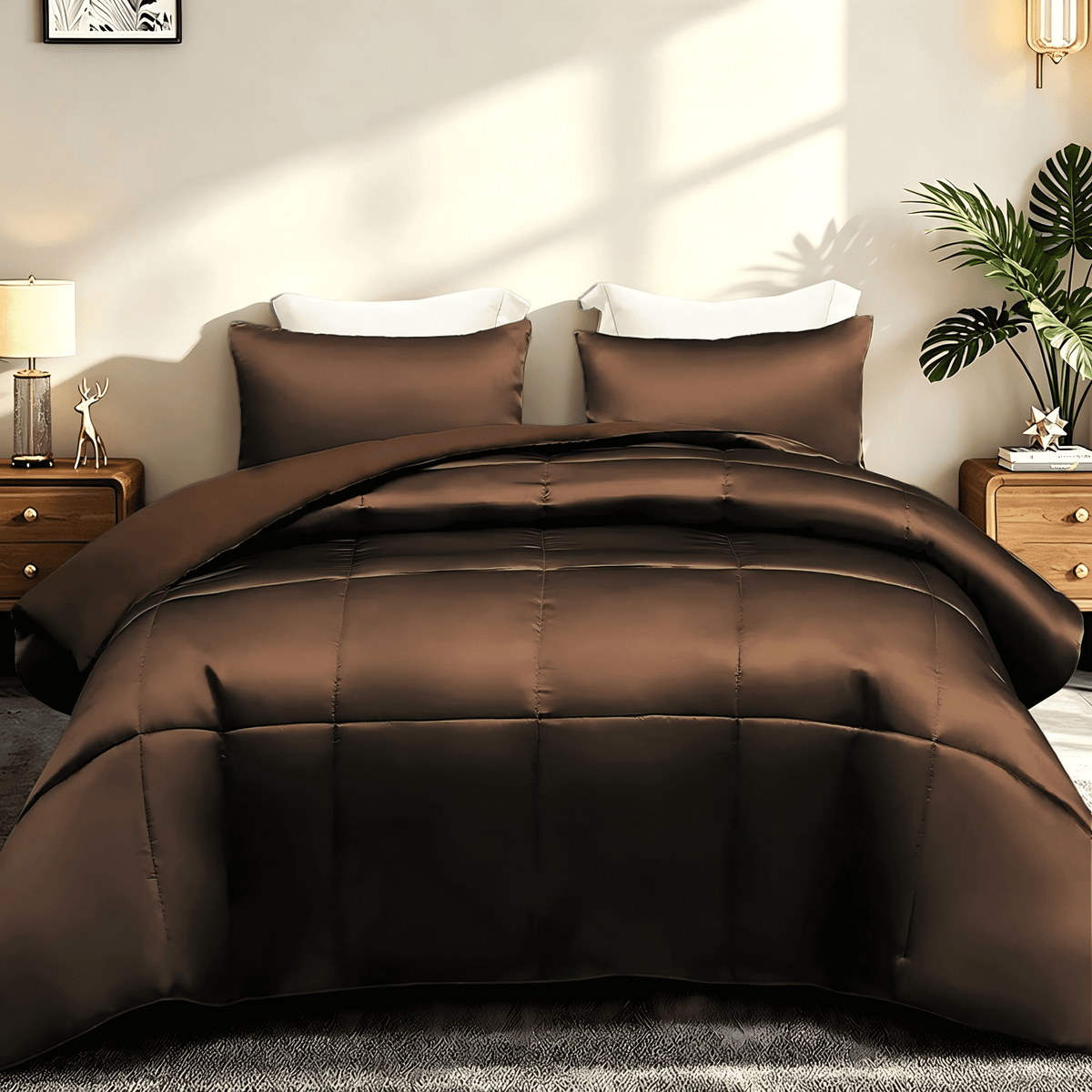 Whale Flotilla 3-Piece Reversible Silky Satin King Size Comforter Bedding Set, Lightweight Luxury Comforters with 2 Pillowcases All-Season, Brown